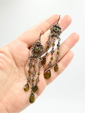Vintage Olive Green Rhinestone Chandelier Earrings Dangle Filigree